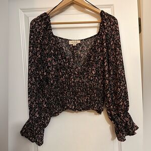 No Frills Black and Pink Floral Cropped Blouse